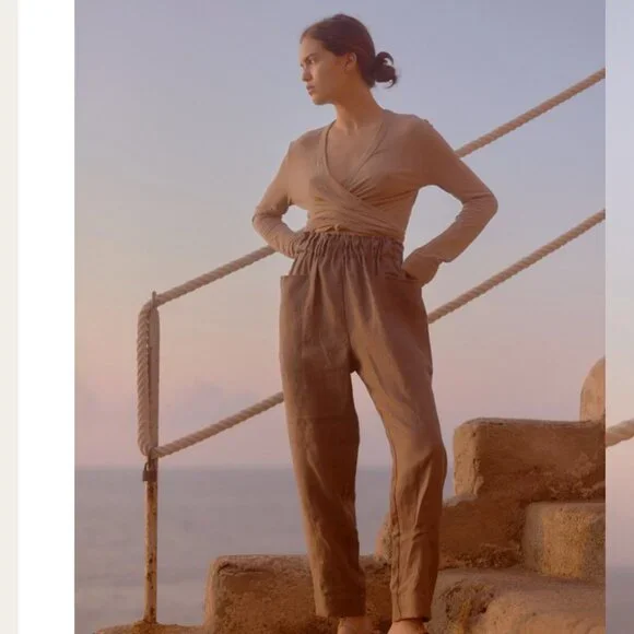 OZMA Women's Utility Heavy Laundered Linen Pant Carob Brown Cropped Size Medium - Picture 2 of 7